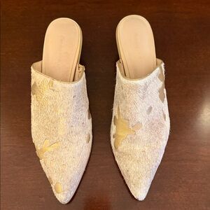 Chocolat Blu Calf-Hair Mules in Light Beige with Gold Accents